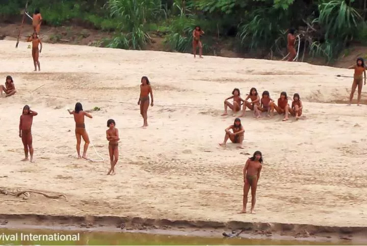 Striking footage shows rare uncontacted hunter-gatherer tribe wielding spears on riverbank in Peru (video)