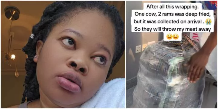'Haa, had I known'- Nigerian lady heartbroken as her bag of cow and ram meats gets confiscated at Scotland airport