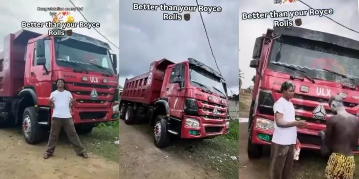 Young man celebrates as he acquires tipper truck