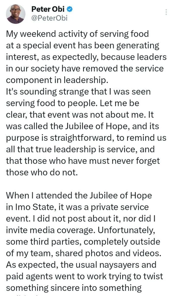 Peter Obi breaks silence following video of him serving food at an event