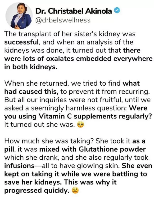 Lady suffers kidney failure after vitamin C overdose in quest for 'glowing skin'