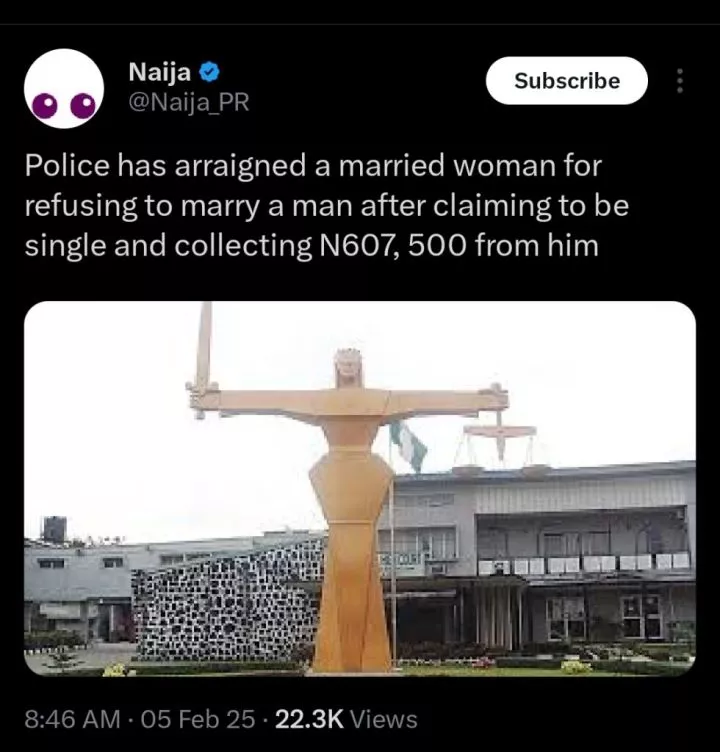 Police arrest married woman for failing to marry man, lying she's single, collecting ₦607,500 from him