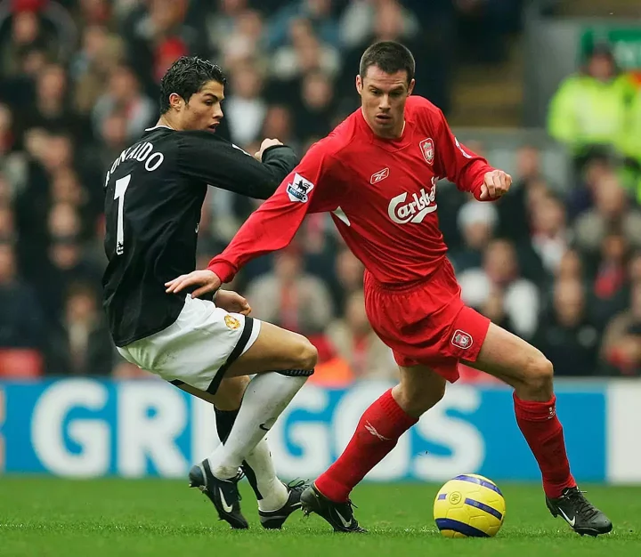 Jamie Carragher played against Cristiano Ronaldo several times in the Premier League. Image: Getty