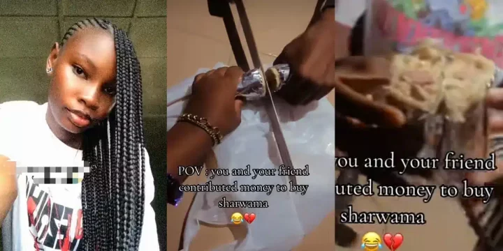 Nigerian lady and friend spark social media buzz as they use cutlass to divide shawarma they bought together