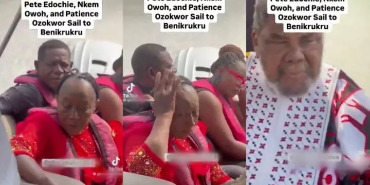 Netizens react to trending video of Pete Edochie, Nkem Owoh, and Patience Ozokwor in boat to a movie location