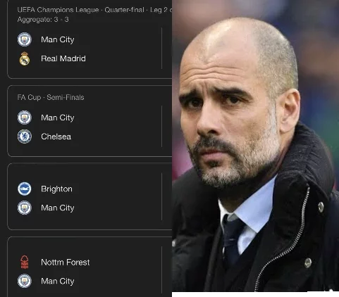 Man City's Next Four Matches Including Tough Games Against Real Madrid And Chelsea.