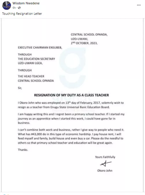 Enugu teacher resigns after 6 years, sad letter he leaves stuns many