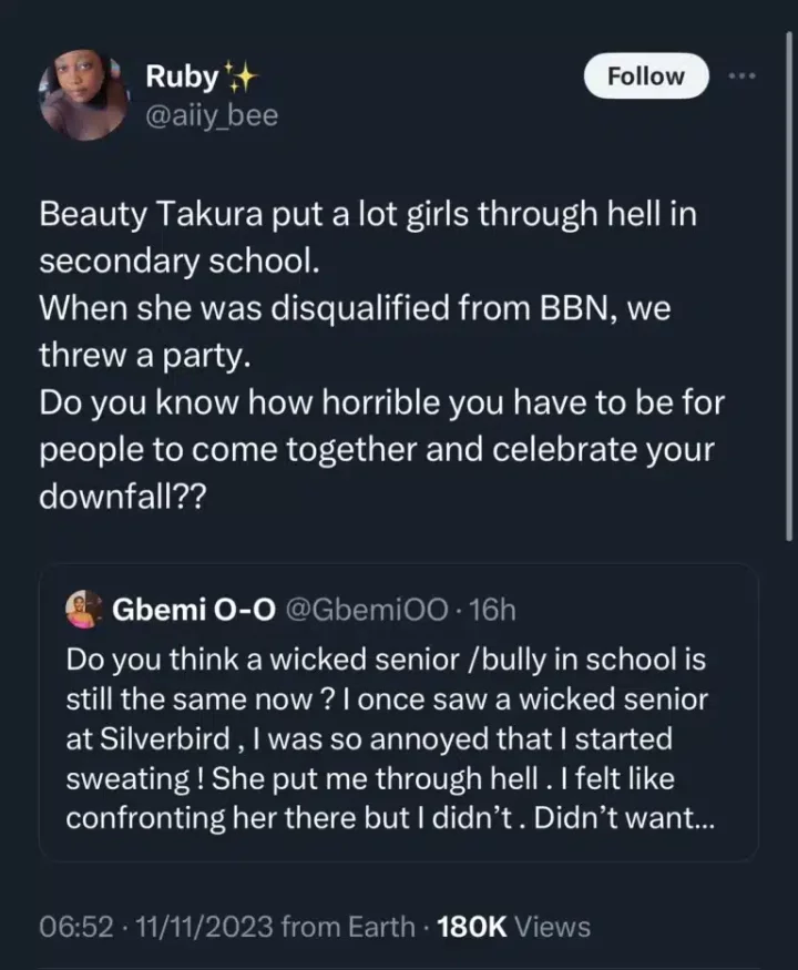 'Beauty Tukura was a bully in secondary school' - School mate cries out
