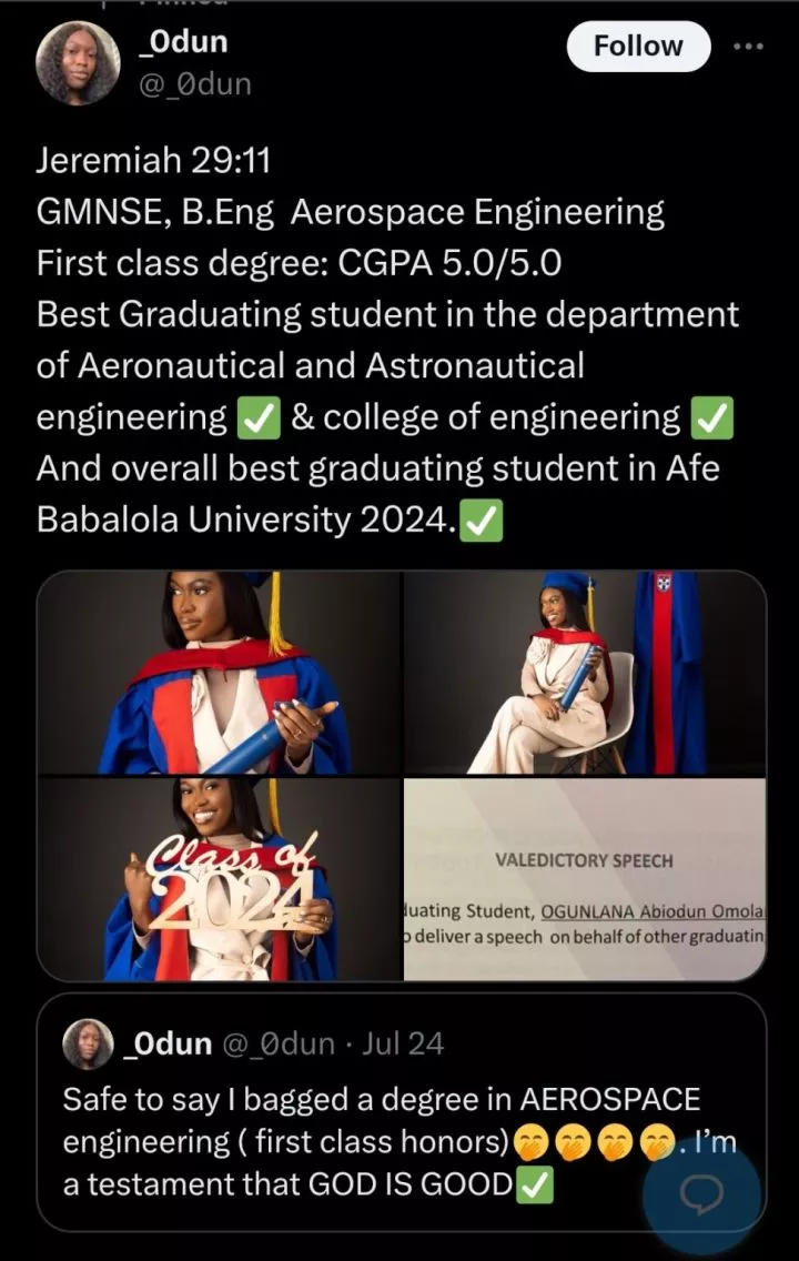 Lady bags 5.0 CGPA in aeronautical and astronautical engineering at Afe Babalola University