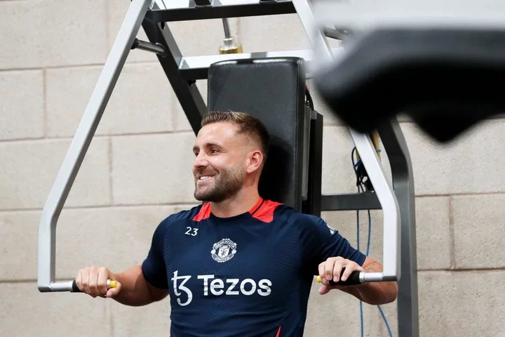 Luke Shaw of Manchester United in action during a first team training session at Carrington Training Ground on August 05, 2024 in Manchester, England.