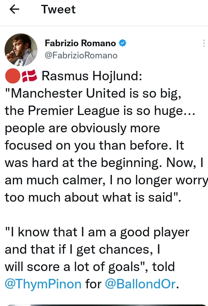 'Manchester United is so big, the Premier League is so huge' -Hojlund on Settling in at Old Trafford