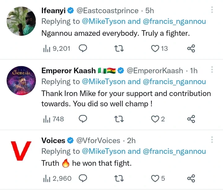 Reactions as Mike Tyson congratulates Francis Ngannou after training him before his fight again Tyson Fury