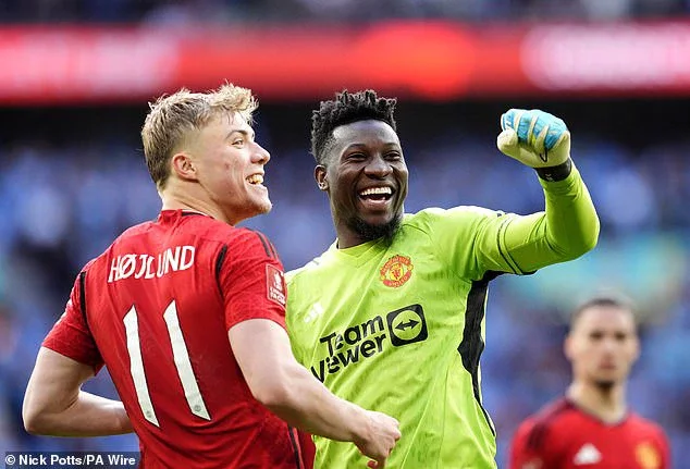 Rasmus Hojlund celebrates with Andre Onana after United made it through to the final