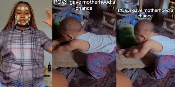 Mother baffled as she sees little son using grinding stone in the kitchen