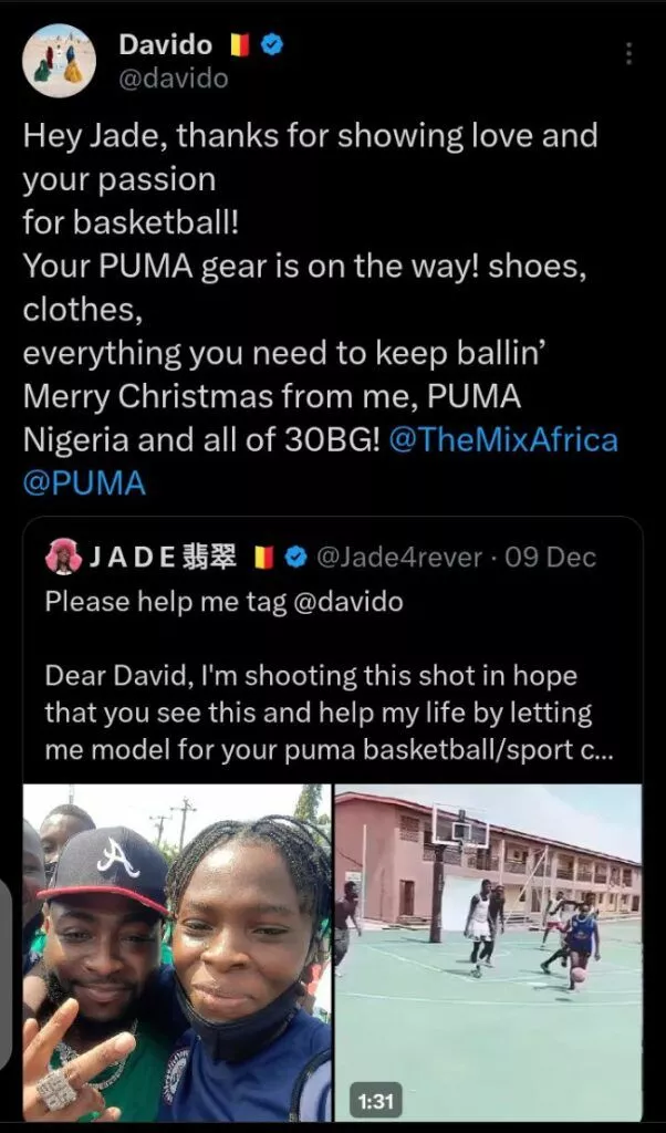 Davido gifts fan PUMA Basketball gear