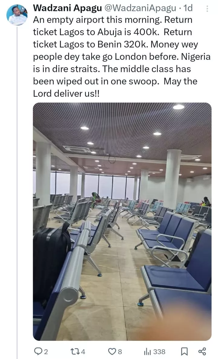 Nigerians lament how empty the Lagos airport is due to high cost of flight tickets