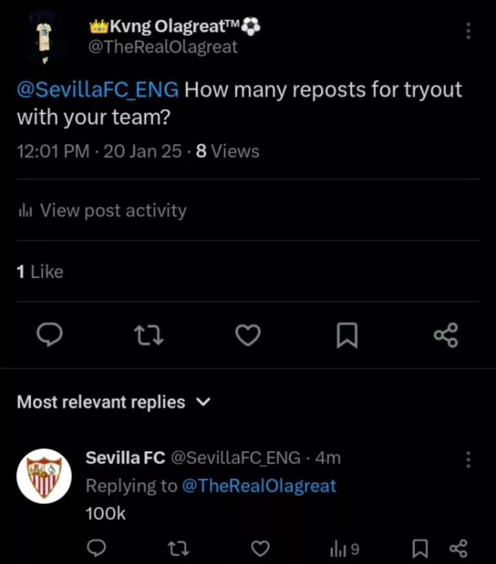 Nigerian footballer secures 100k retweets for Sevilla FC trial, gets under-19 link instead