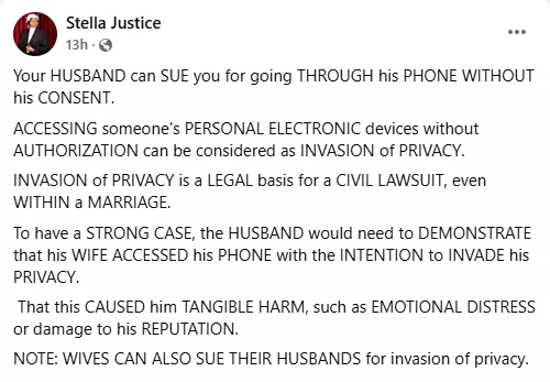 Your husband can sue you for going through his phone without his consent - Nigerian lawyer warns wives
