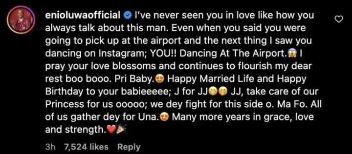 Enioluwa reacts to Priscilla Ojo's birthday post to her Tanzanian boyfriend