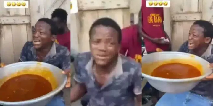 Man cries after being told to finish food he was caught stealing, including pot of soup