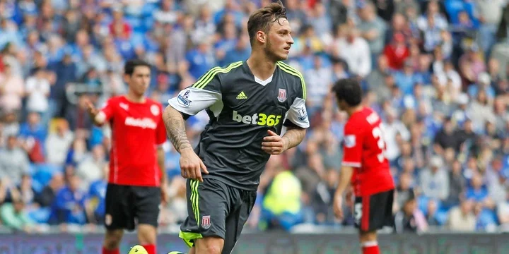 Marko Arnautovic of Stoke City celebrates scoring their first goal from the penalty spot