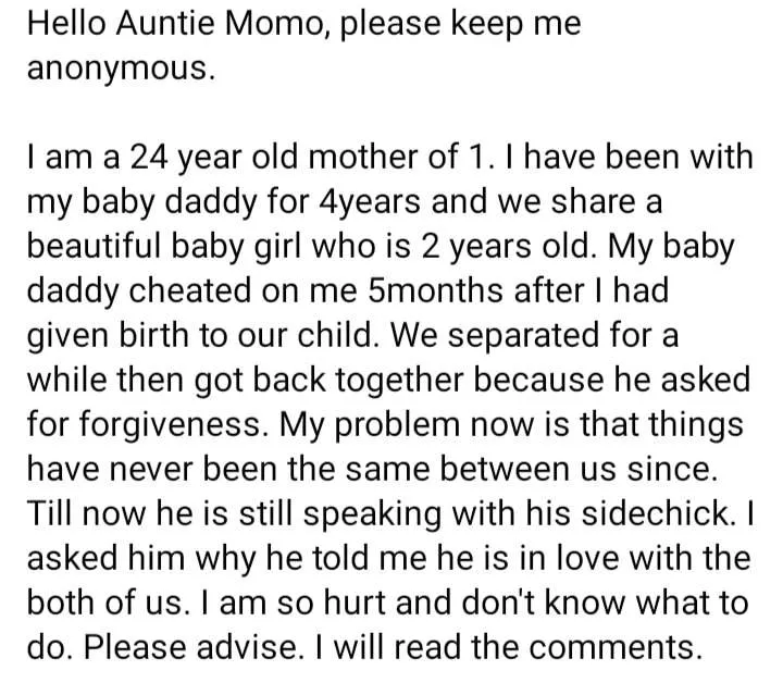 Heartbroken mom cries out over cheating partner who claims love for her and side chick