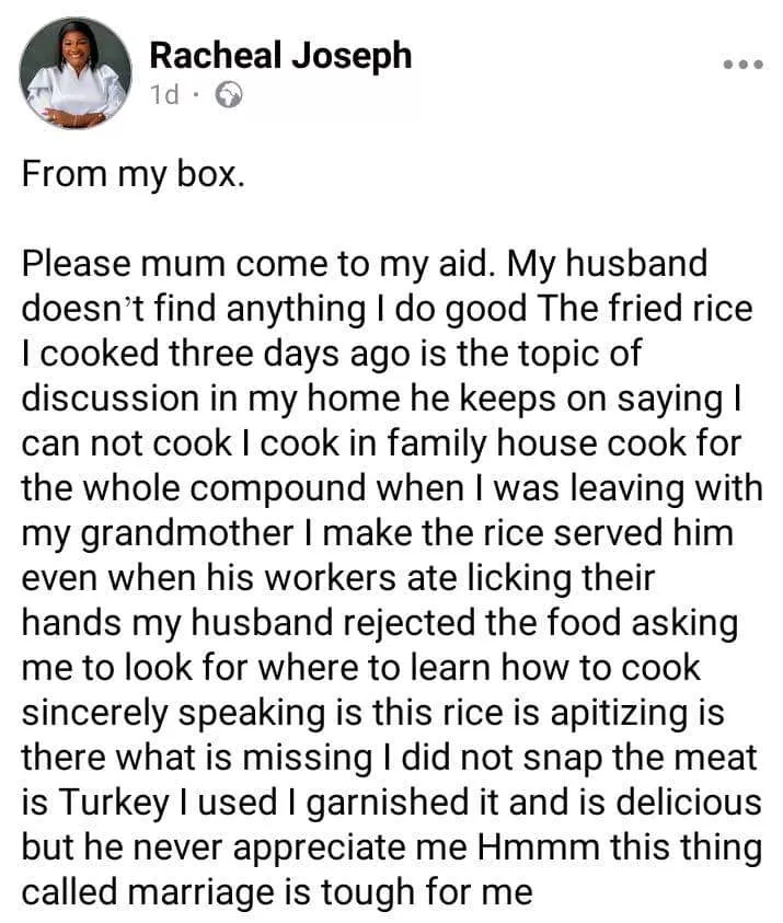 Woman cries out as husband constantly complains about her poor cooking