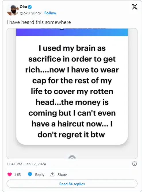 'My head is rotting away, I used my brain for money rituals' - Nigerian man cries out