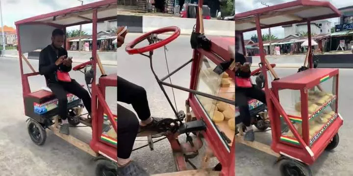 Nigerian man goes viral as he builds bicycle made of wood to hawk snacks business