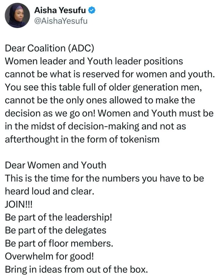 This table full of older generation men cannot be the only ones allowed to make the decision - Aisha Yesufu calls for involvement of women and youths in the Coalition movement