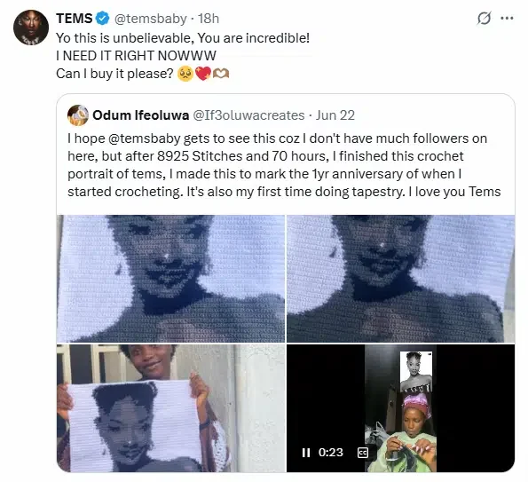 Tems gifts fan N3M after she made crochet design of her