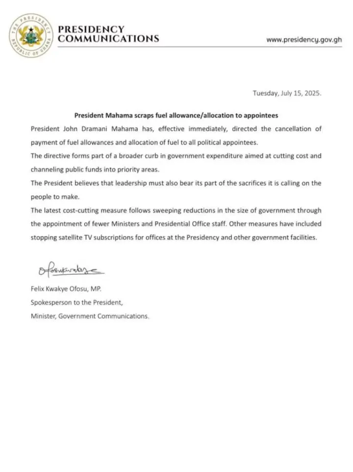 Ghana's President scraps fuel allowances for all political appointees