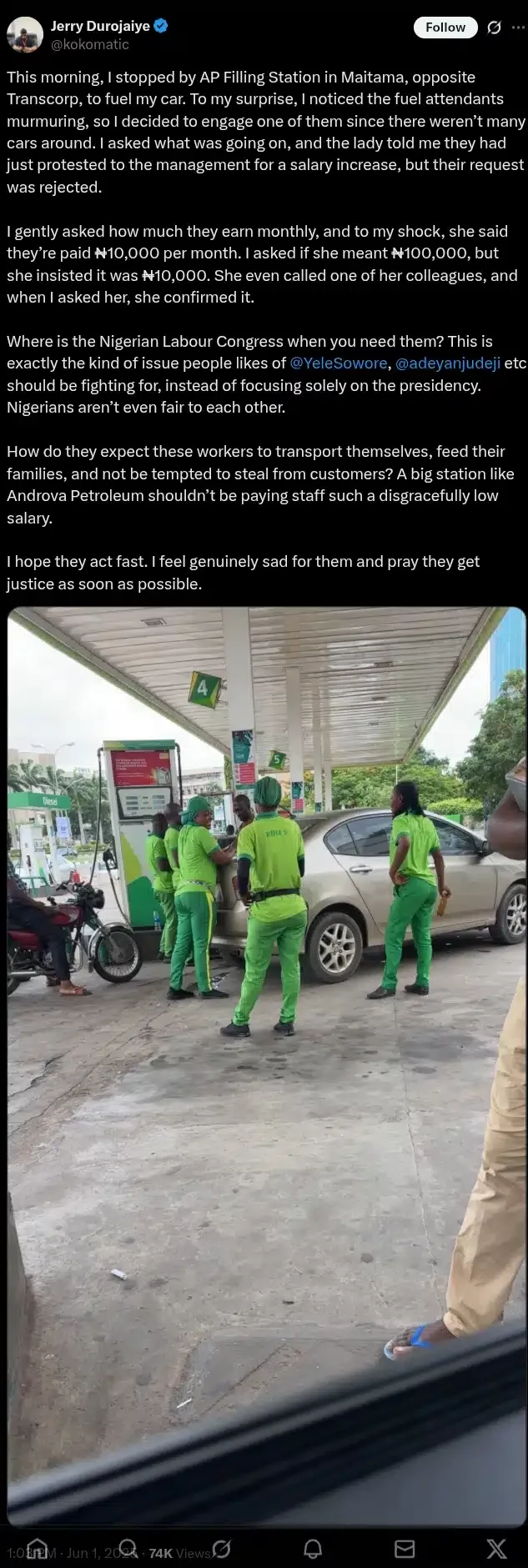 Man exposes Abuja filling station for paying fuel attendants ₦10k monthly salary