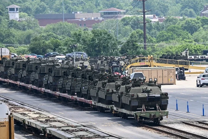 Rail cars carrying long lines of tanks arrive in Jessup, Maryland, June 9, 2025, in advance of Saturday's military parade.&nbsp;