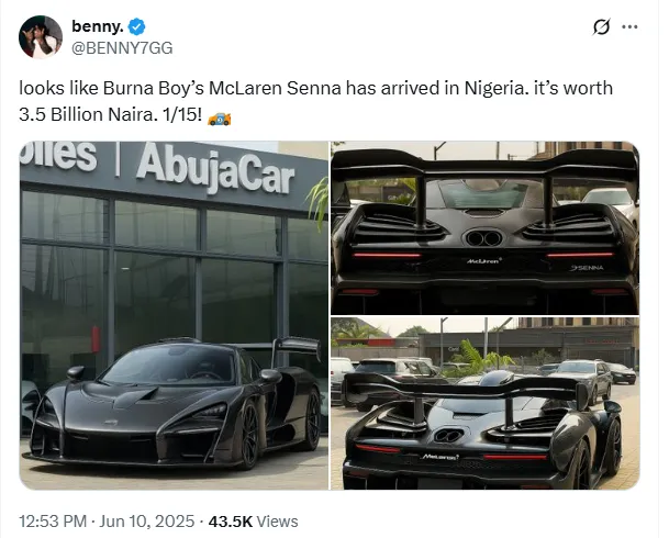 Burna Boy acquires sports car reportedly worth N3.5 billion