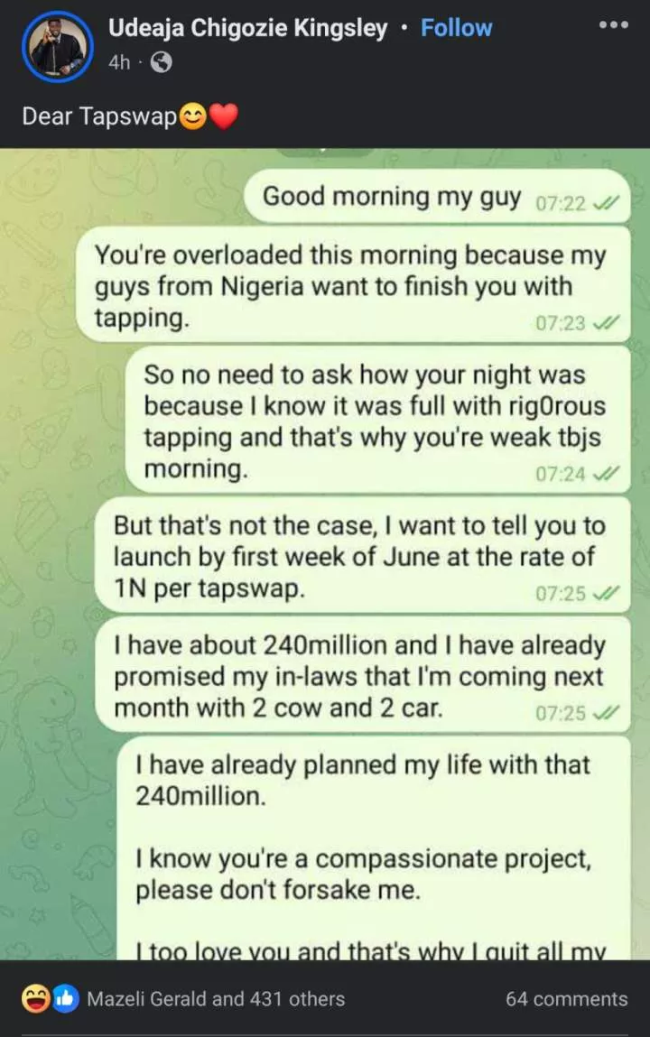 Nigerian man promises in-laws 2 cars, begs TapSwap to launch June 1, to convert 240 million coins to ₦240m