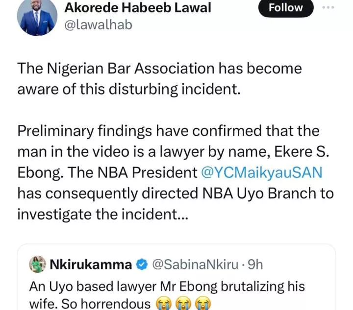 Update: NBA begins investigation into viral video of Uyo based lawyer ass@ulting his wife