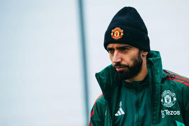 MANCHESTER, ENGLAND - APRIL 10: Bruno Fernandes of Manchester United in action during a first team training session at Carrington Training Ground on April 10, 2024 in Manchester, England. (Photo by Ash Donelon/Manchester United via Getty Images)