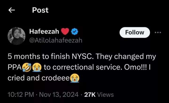 Youth corps member in tears as her PPA is changed to prison just 5 months before completing NYSC