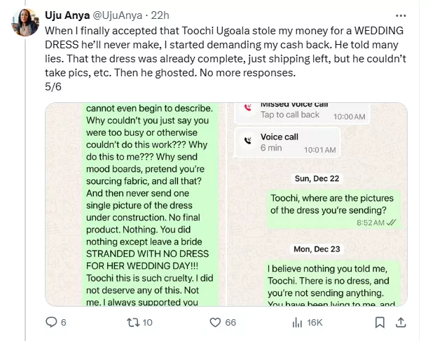 American professor, Uju Anya calls out Nigerian tailor for scamming her of $400 for wedding dress