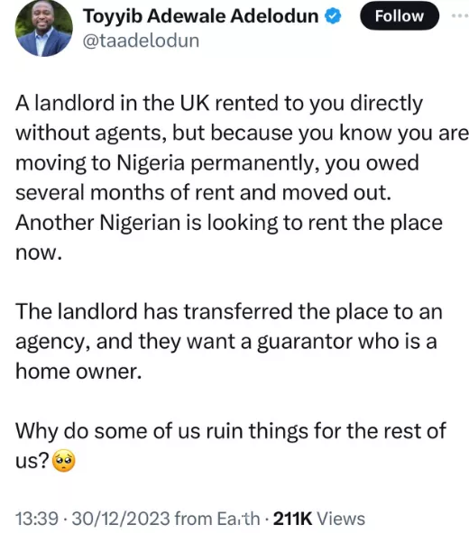 X stories: Nigerian man recounts how a Nigerian spoilt the chances of other Nigerians in the UK hoping to rent an apartment from an understanding Landlord