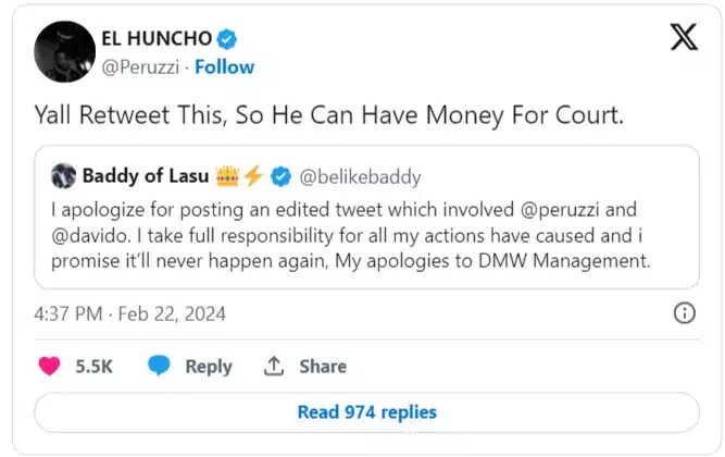 Peruzzi set to sue influencer over fake tweet involving him and Davido's Chioma
