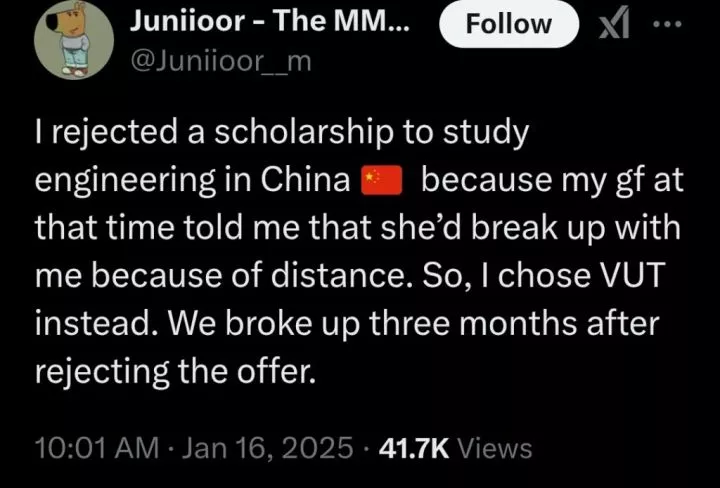 Man rejects engineering scholarship to China after girlfriend vows to breakup over distance