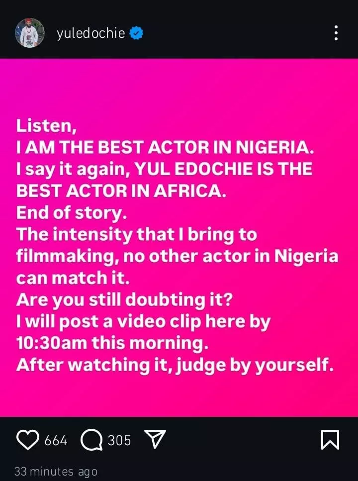 Yul Edochie declares himself the best actor in Nigeria and Africa