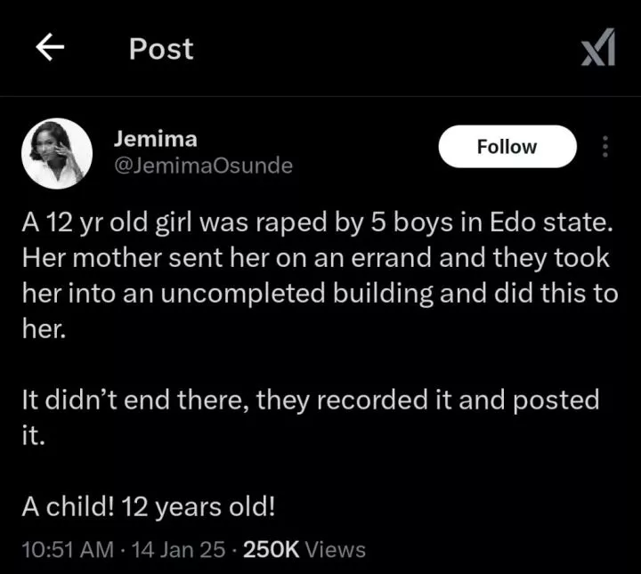 5 boys sexually abuse 12-year-old girl in Edo State after she was sent on errand, record video