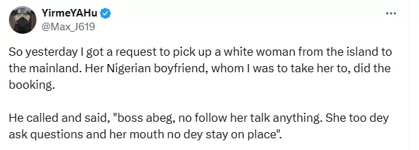 Driver narrates how he helped Caucasian lady discover her boyfriend is a Yahoo Boy