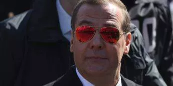Russian Security Council Deputy Chairman Dmitry Medvedev wearing sunglasses arrives to the Victory Day Red Square Parade on May 9, 2023 in Moscow, Russia.Contributor/Getty Images
