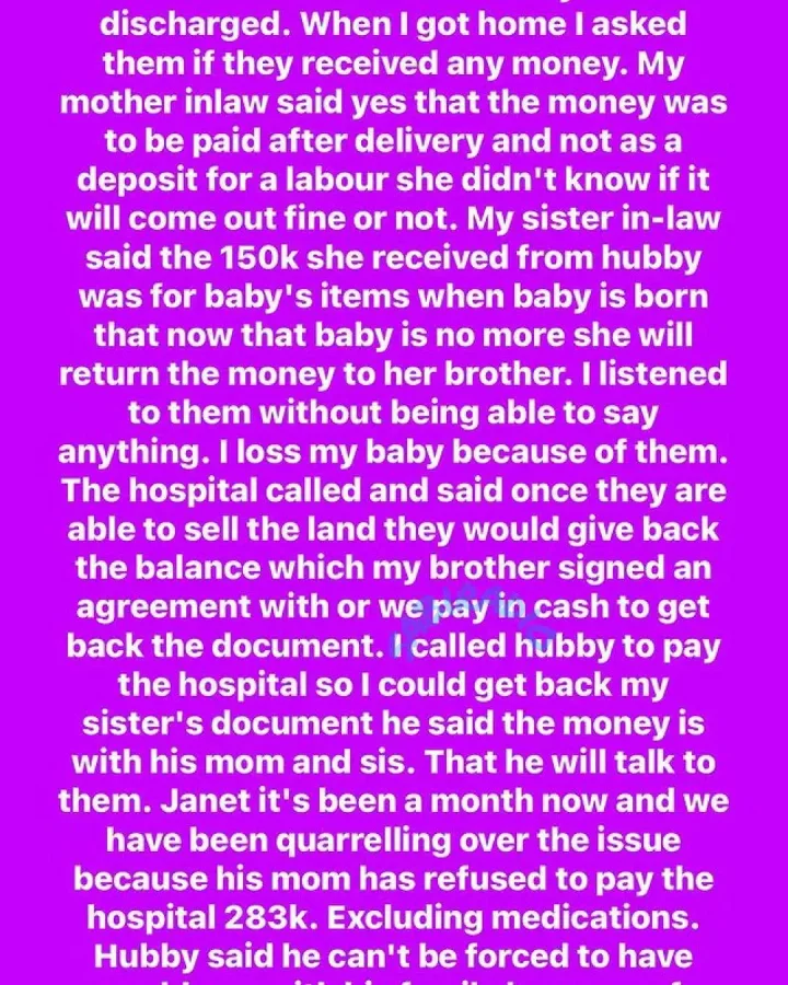 'My husband sent delivery money to mother and sister in case I don't make it in delivery room' - Lady shares heart wrenching story