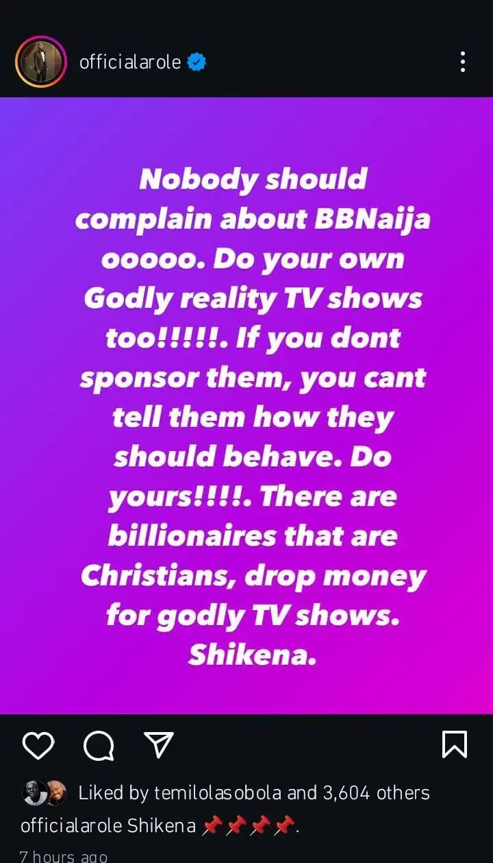 Woli Arole slams those criticizing BBNaija, asks Christian billionaires to create godly shows