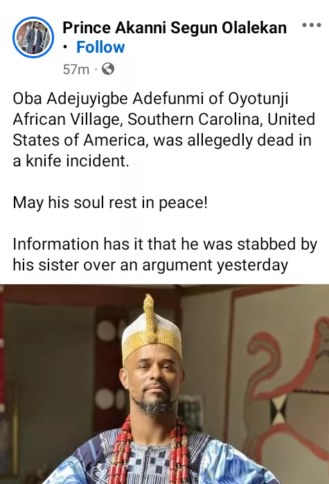 Oba Adejuyigbe Adefunmi II of Oyotunji African village in US allegedly st@bbed to d*ath by his sister